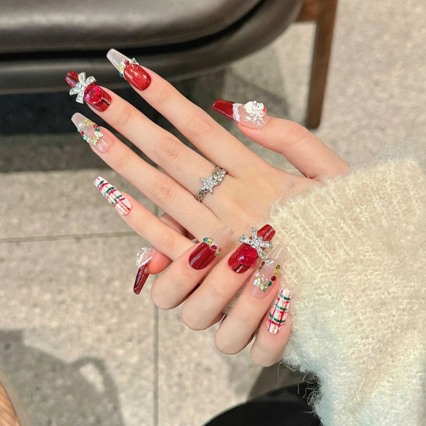 Christmas Press-On Nails | 3D Santa Cat Eye Crystal Set