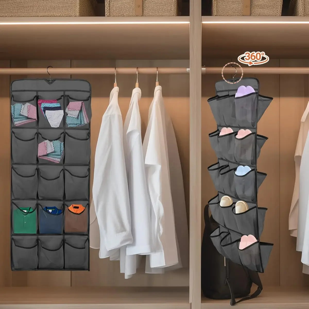 2-Piece Dual-Sided Hanging Shoe Organizer with 30 Large Mesh Pockets and 360° Rotating Hanger, Space-Saving Storage for Closet Peaceful Pleasures Health and Wellness