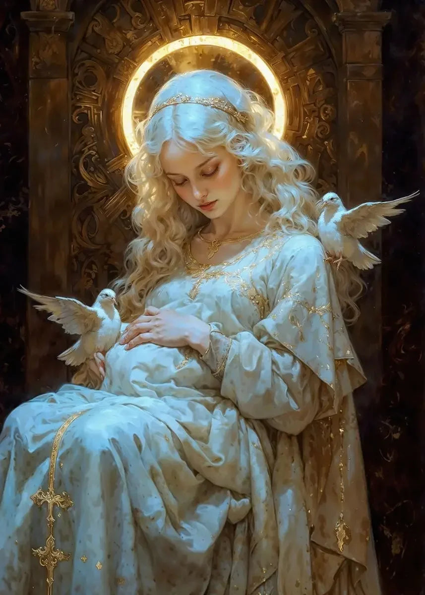Nordic Religious Art Benevolent Portrait Of The Virgin Mary Archangel Canvas Painting, Wall Art for Living Room Home Decor Peaceful Pleasures Health and Wellness