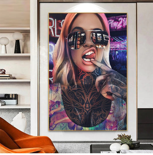 Graffiti Tattoo Woman Canvas Wall Art | Abstract Bad Girl Print Canvas Wall Art Print Peaceful Pleasures Health and Wellness