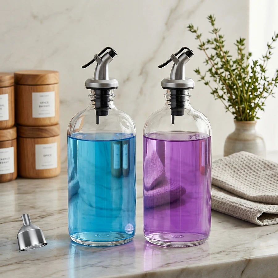 2pcs Refillable Mouthwash Dispenser Bottles – 16oz Clear 500ml Bathroom Containers with Pour Spout & Funnel