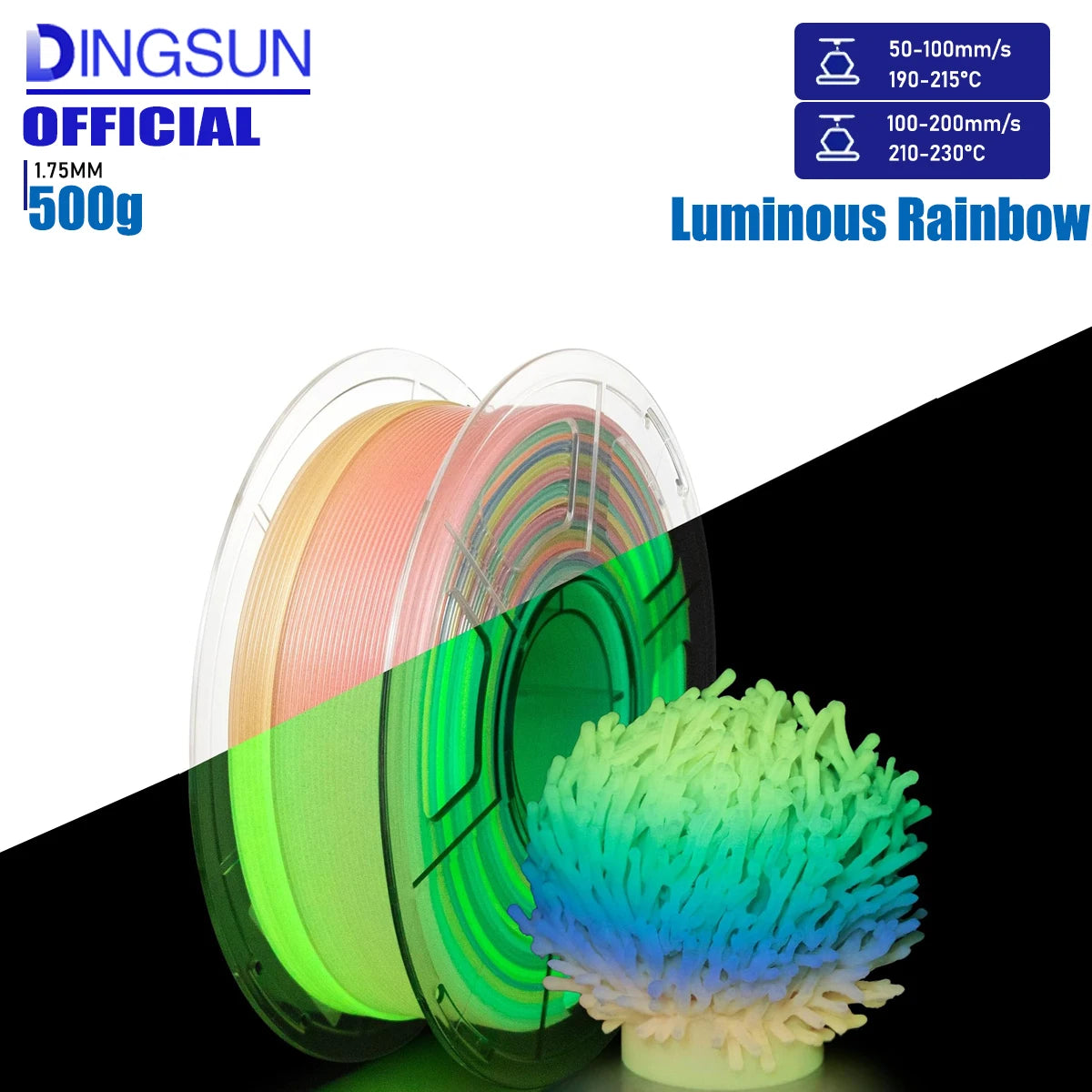 Glow in the Dark PLA Filament 1.75mm – Rainbow/Blue/Green/Purple