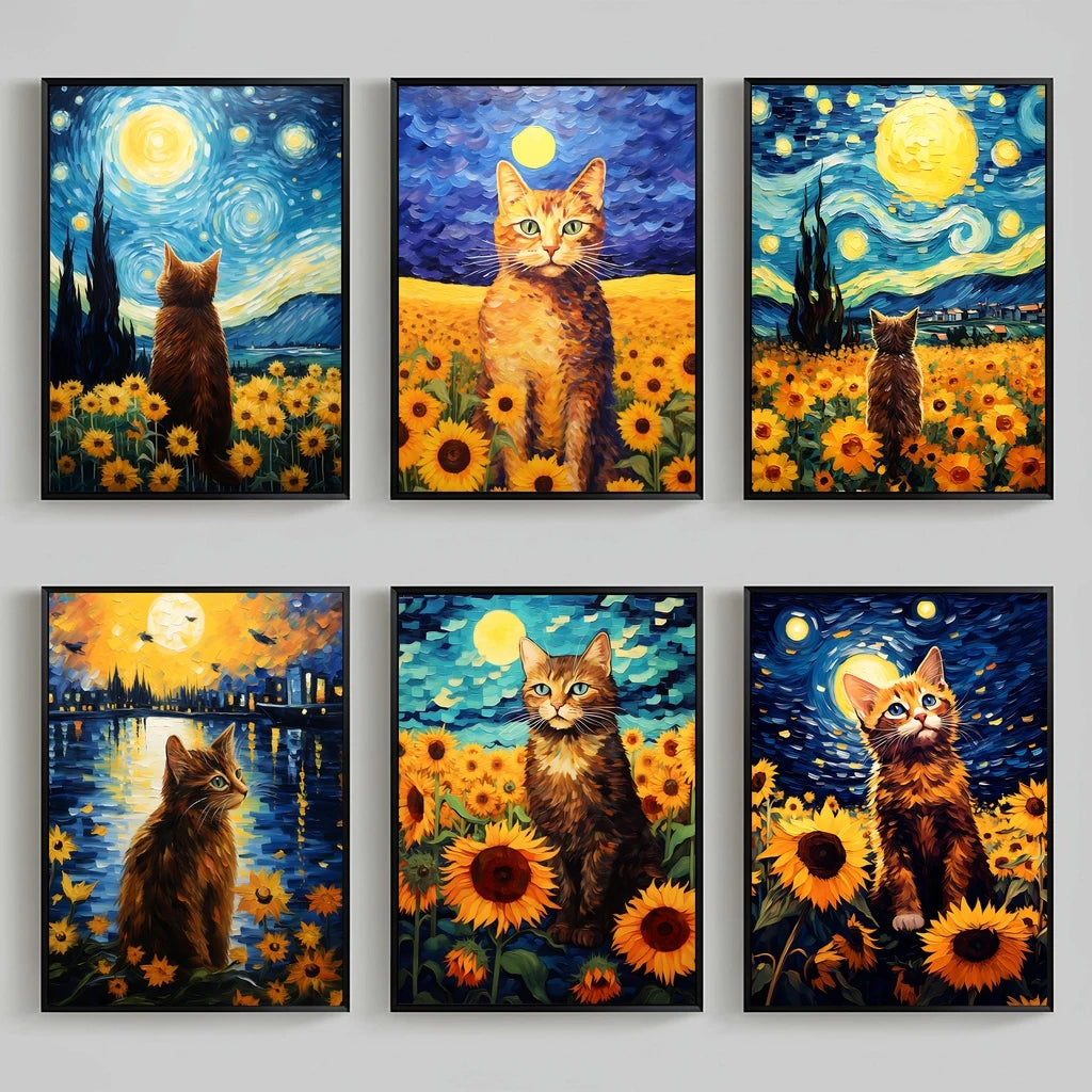 Nordic Wall Art Cat Sunflowers Wall Art Van Gogh Style Canvas Painting Modern Style Poster Prints Bedroom Living Room Wall Decor Peaceful Pleasures Health and Wellness