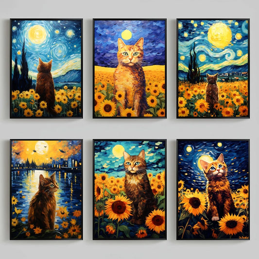 Nordic Wall Art Cat Sunflowers Wall Art Van Gogh Style Canvas Painting Modern Style Poster Prints Bedroom Living Room Wall Decor Peaceful Pleasures Health and Wellness