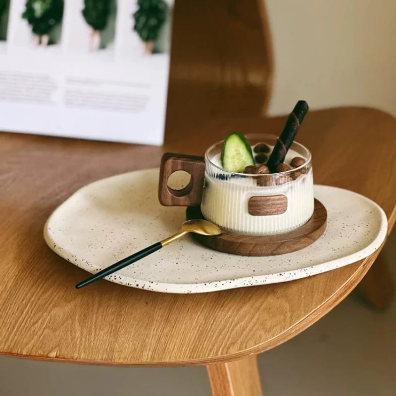 Walnut Coffee Cup Ins with Antique Style Solid Wood Handle and High Borosilicate Glass Milk Cup Peaceful Pleasures Health and Wellness