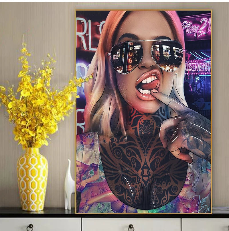 Graffiti Tattoo Woman Canvas Wall Art | Abstract Bad Girl Print