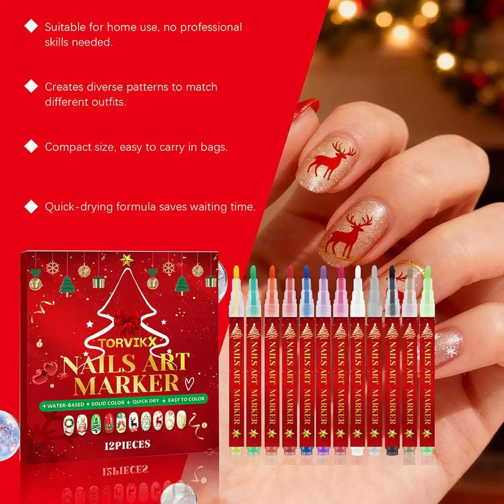 12-Piece Christmas Nail Art Pen Set – Fine Tip Quick-Dry