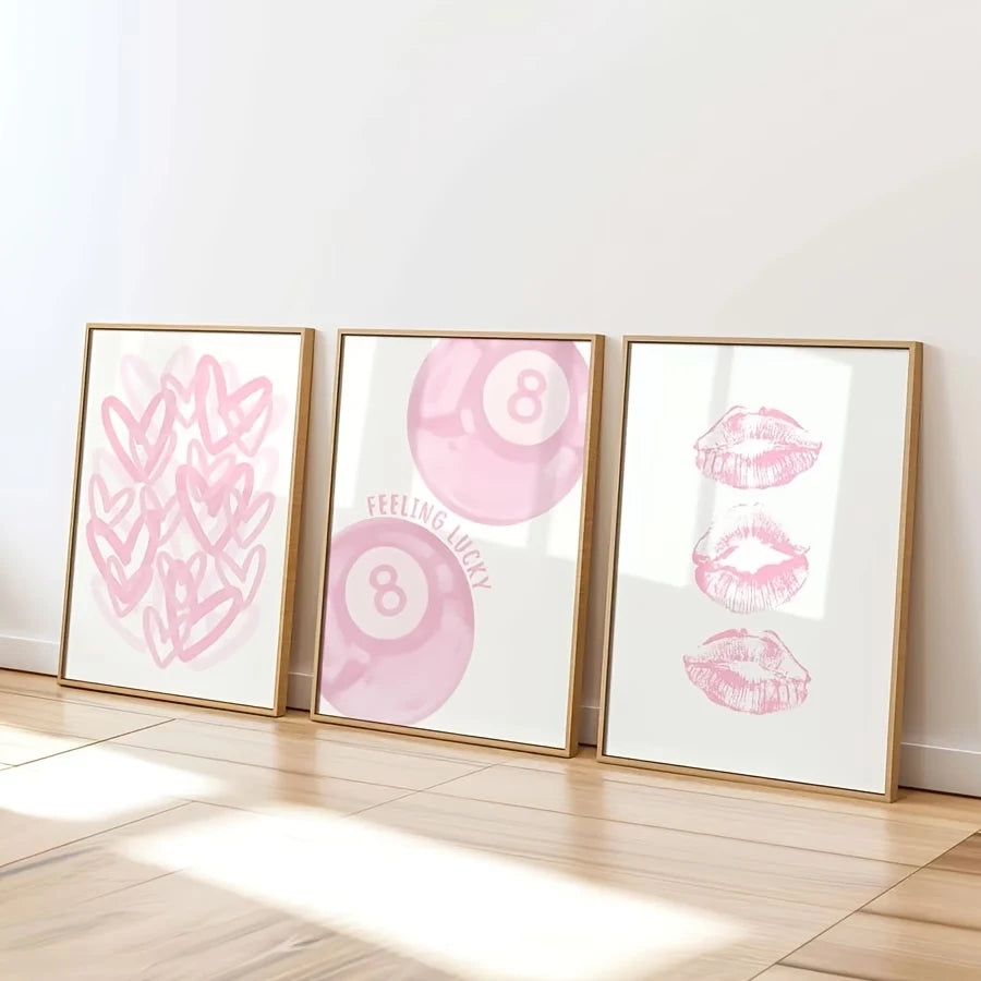 3-Piece Kissing Lips Abstract Pink Canvas Wall Art Print Set
