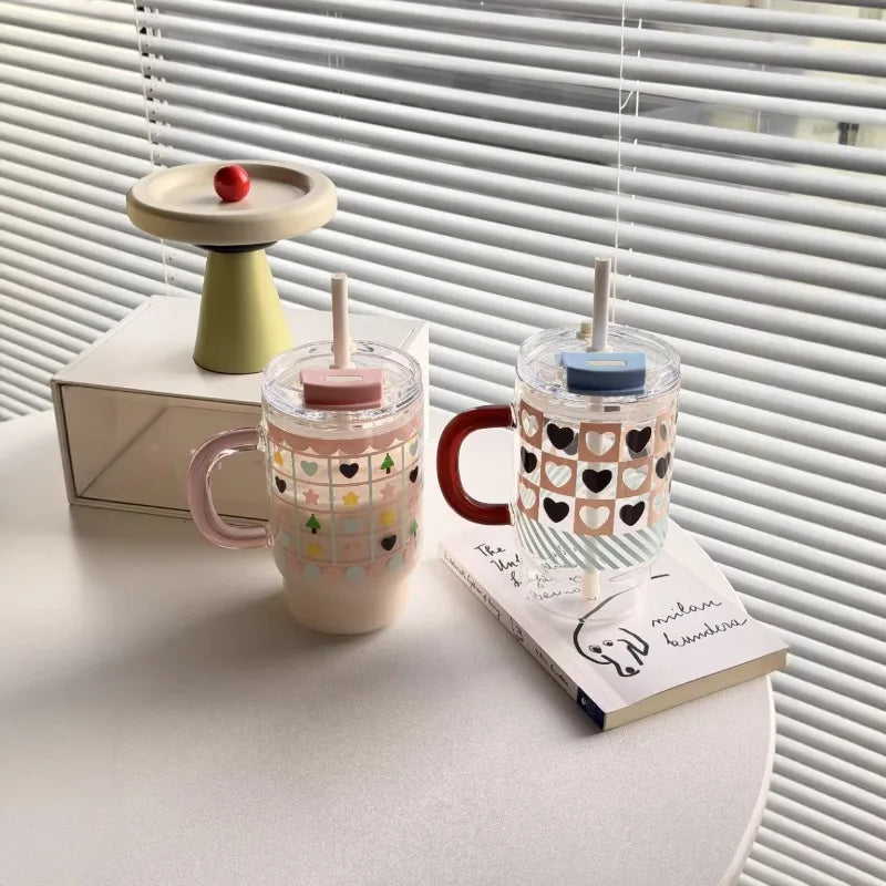 New 760ml Cartoon Printed Car Cup, High Borosilicate Glass Straw Cup with Handle, Double Drinking Car Office Casual Cup Peaceful Pleasures Health and Wellness