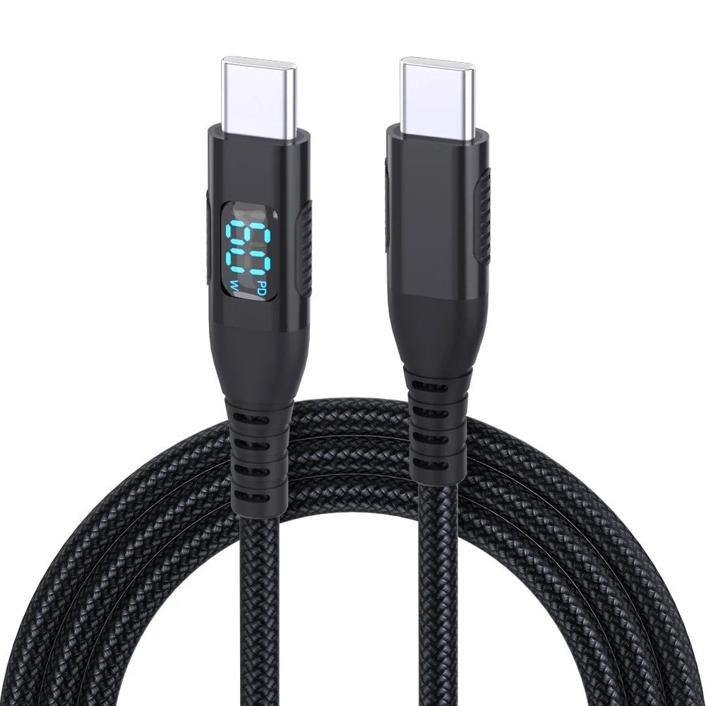 100W USB-C Fast Charging Cable with LED Display | 1M 2M 3M Peaceful Pleasures Health and Wellness Black 60W 1m
