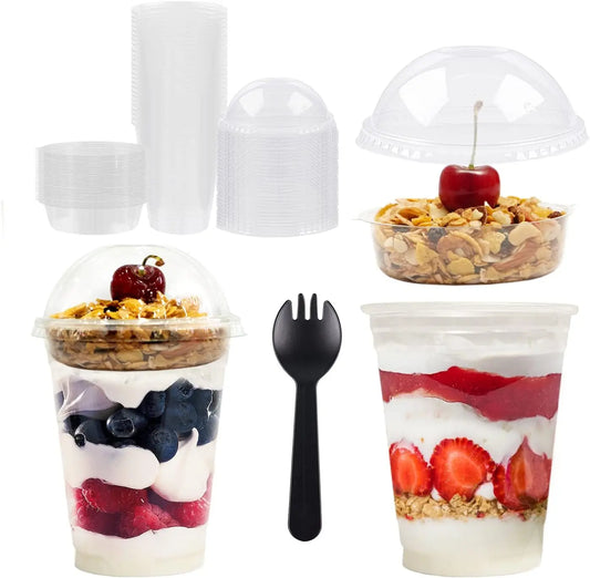 12OZ Clear Cups Disposable Party Cups Parfait Crystal for Pudding Ice Cream Cupcake Iced Coffee Smoothie Juice Soda Cocktail Peaceful Pleasures Health and Wellness Insert Spork Dome 100pcs