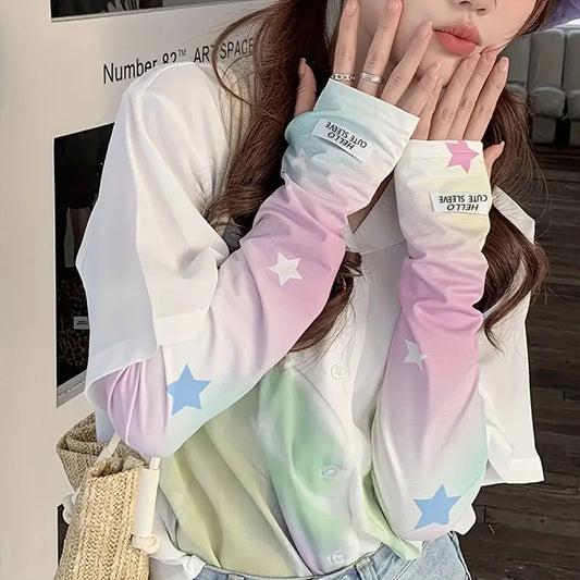 Sun UV Protection Arm Sleeves Flower Star Printed Soft Fabric Ice Silk Cooling Sports Sleeves for Women Girls Outdoor Traveling Peaceful Pleasures Health and Wellness