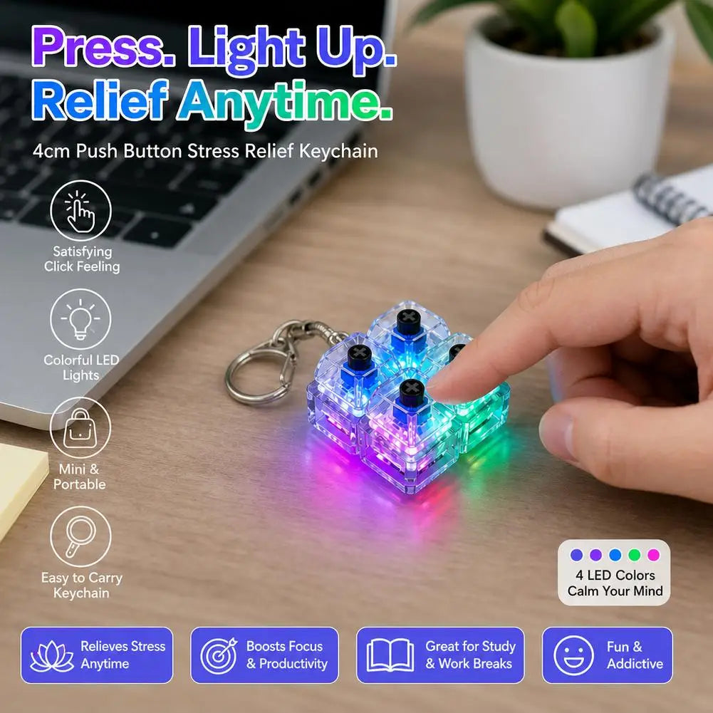 4-Key Mechanical Keyboard Keychain Tactile Clicker LED Crystal Backpack Pendant Decompression Keycap Keychain Bag Accessory Peaceful Pleasures Health and Wellness