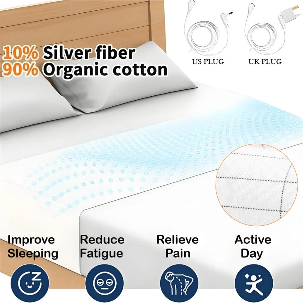 Grounding Sheet with Grounding Cord 10% Pure Silver Fiber Materials With Organic Cotton Grounding Bed Sheet + US/UK Safe Adapter Peaceful Pleasures Health and Wellness