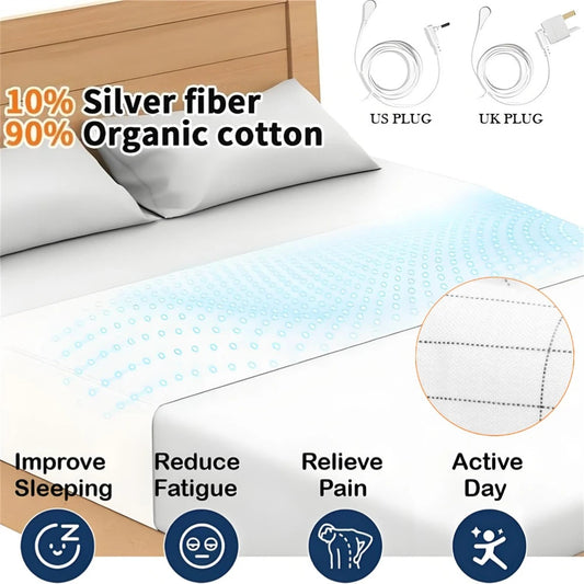 Grounding Sheet with Grounding Cord 10% Pure Silver Fiber Materials With Organic Cotton Grounding Bed Sheet + US/UK Safe Adapter Peaceful Pleasures Health and Wellness