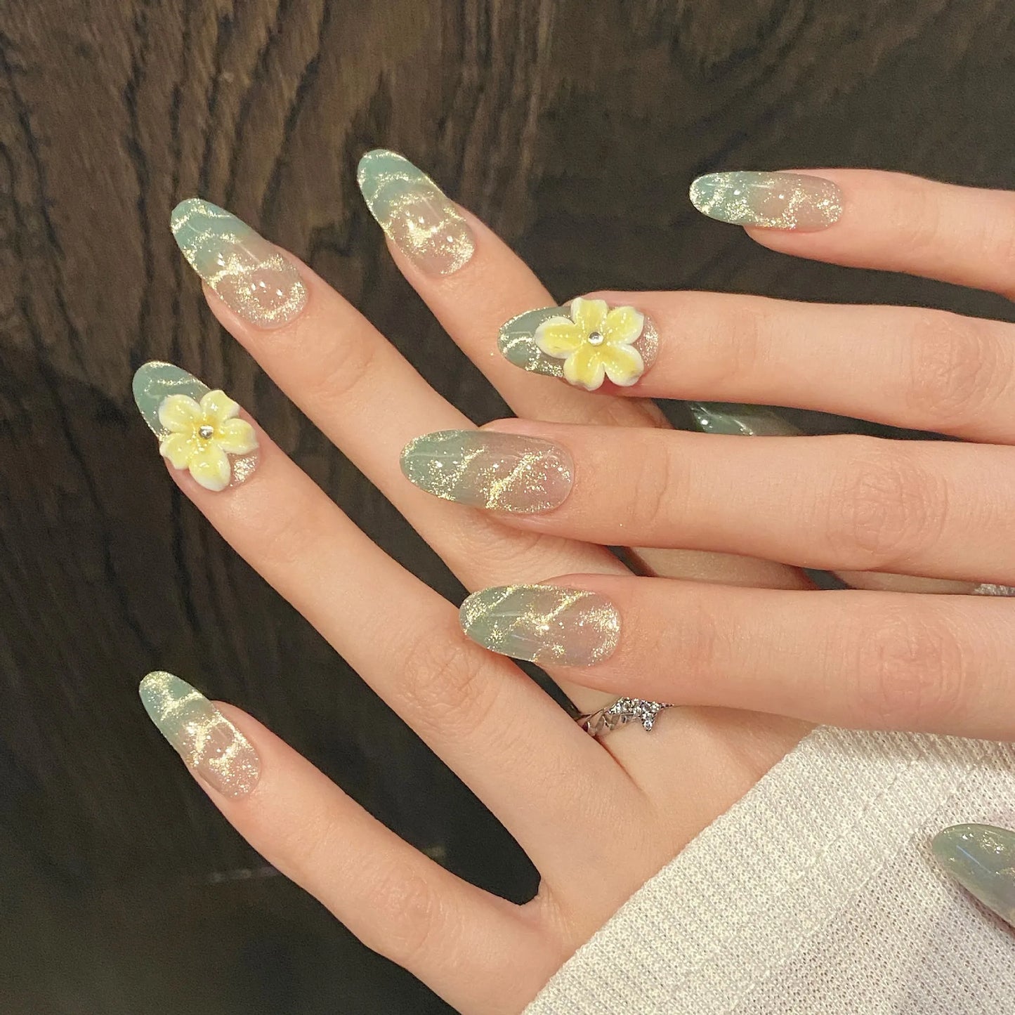 10pcs Handmade Mint Green Press on Nails 3D Yellow Flower Decor Fake Nails Wearable Glitter Gradient Cat Eye False Nail Tips Peaceful Pleasures Health and Wellness