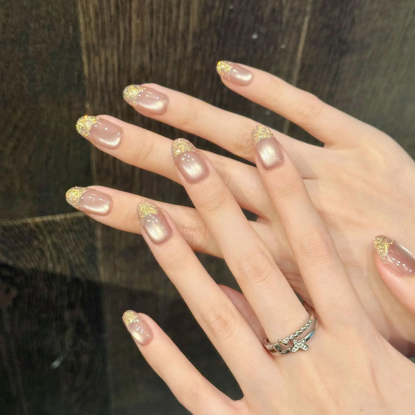 Glitter Cat Eye Press On Nails | Short French Diamond Tips 10pc