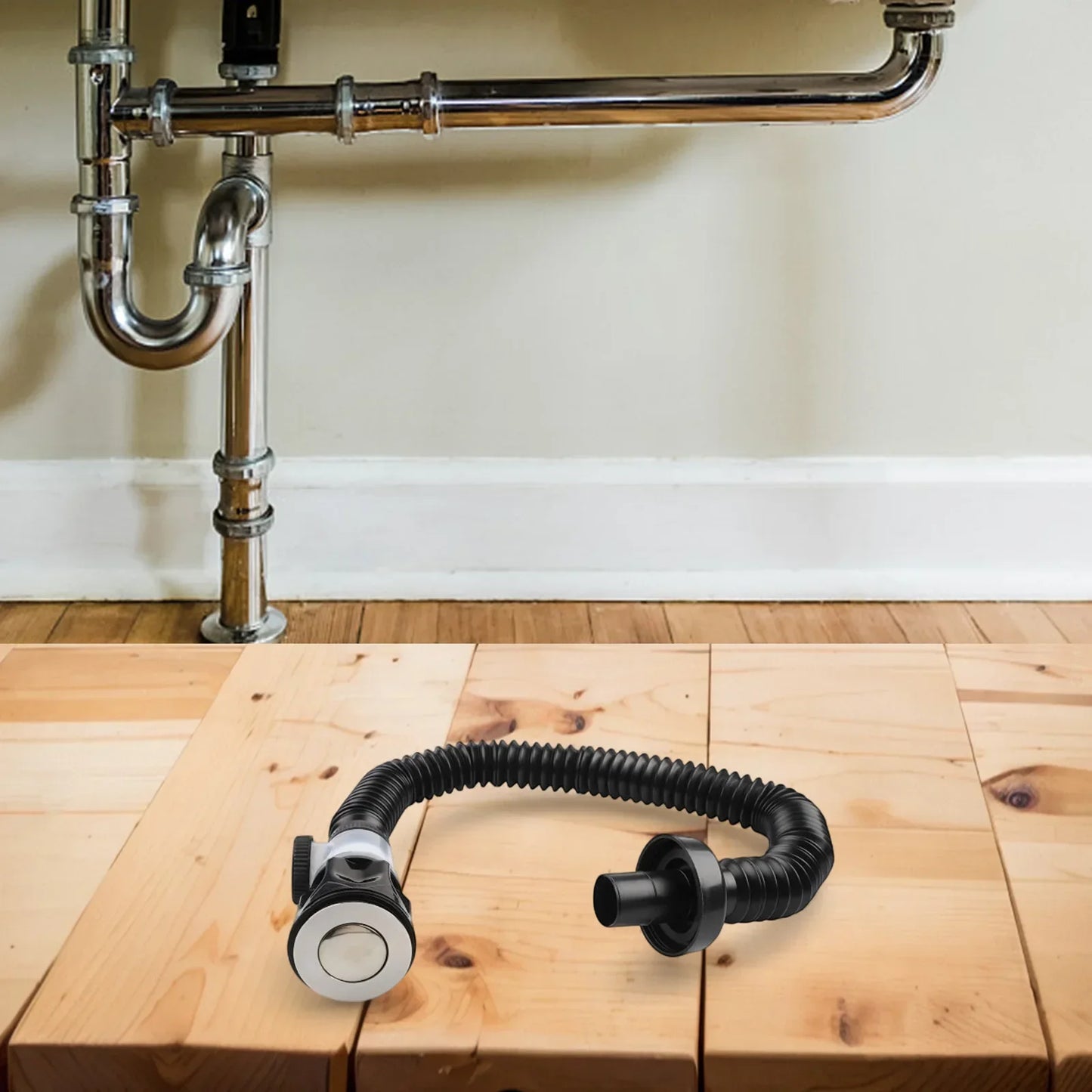 Black Press-Type Sink Drain Fitting – Anti-Insect, Tool-Free