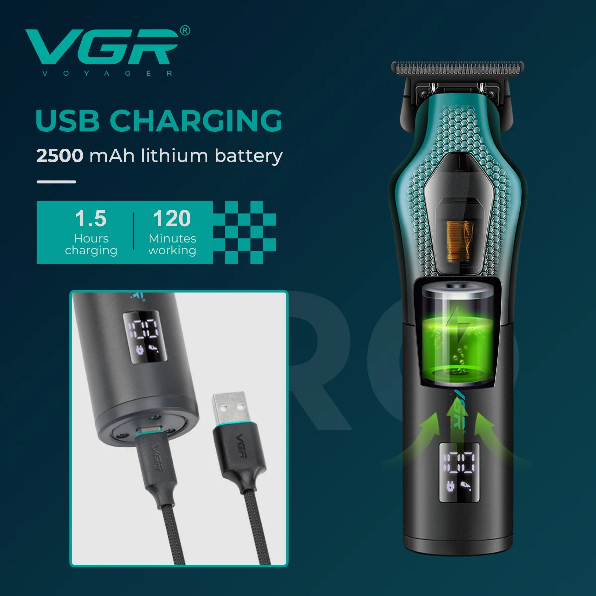 VGR electric hair clipper men's oil head carving electric push gradually changing color metal body 11000 RPM hair clipper V-997 Peaceful Pleasures Health and Wellness
