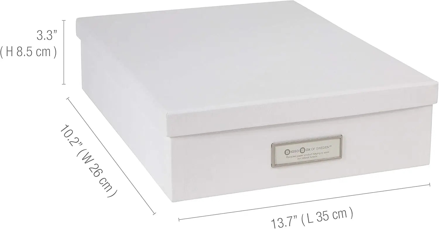 White storage box with dimensions labeled on a white background