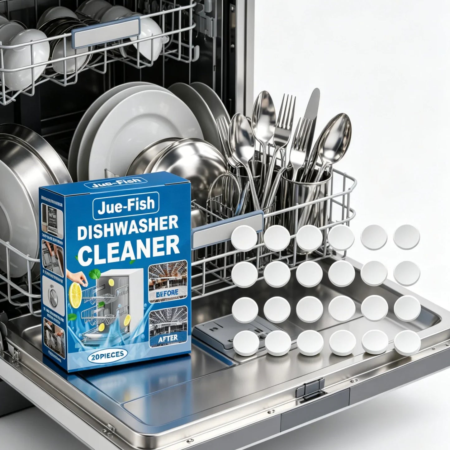 Jue Fish Dishwasher Cleaner Tablets – Descale & Deodorize 20pk