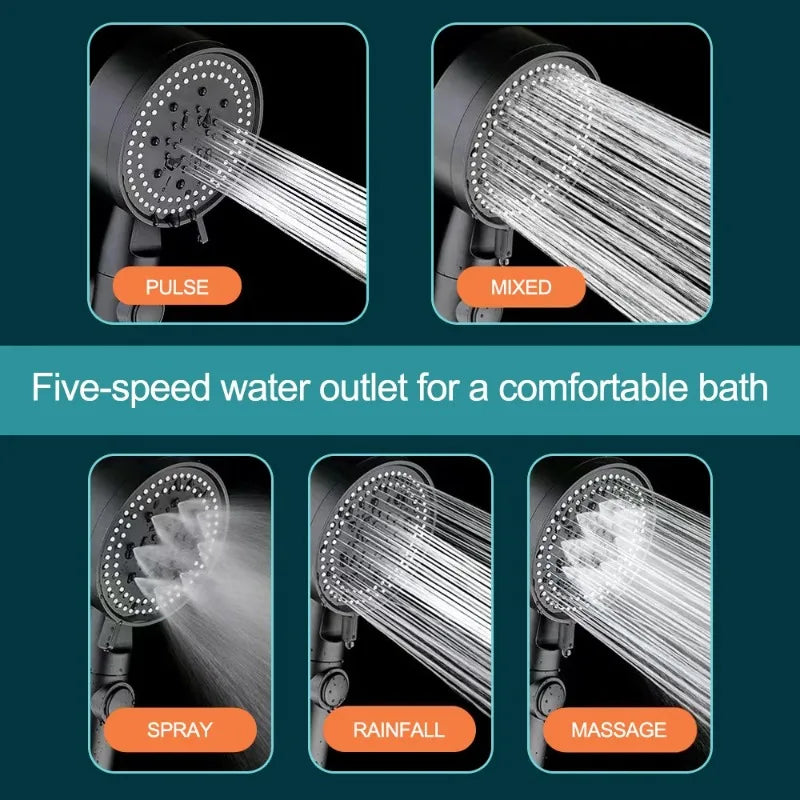 5-Mode High-Pressure Handheld Shower Head with Hose & Stop