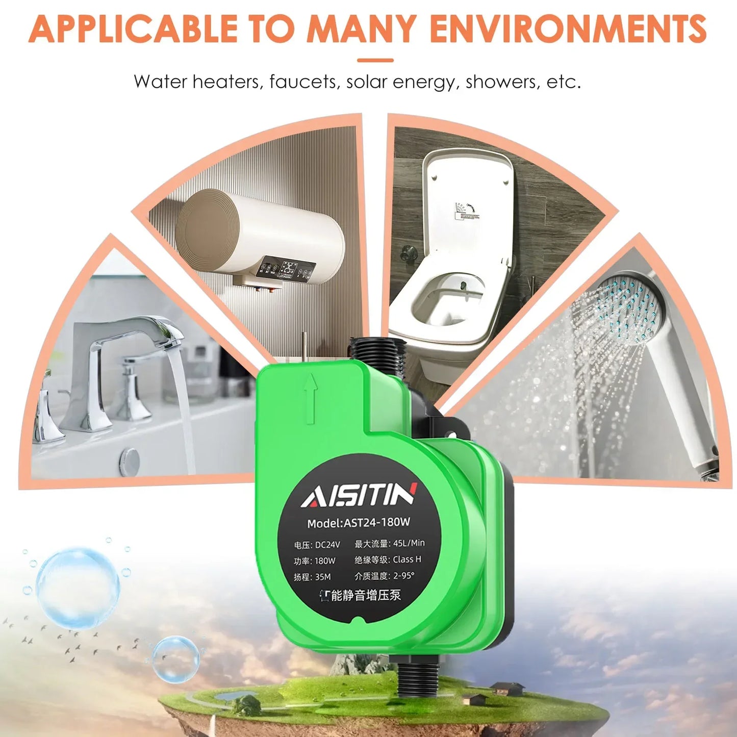 AISITIN 180W Auto Booster Pump 24V – Home Water Pressure Boost