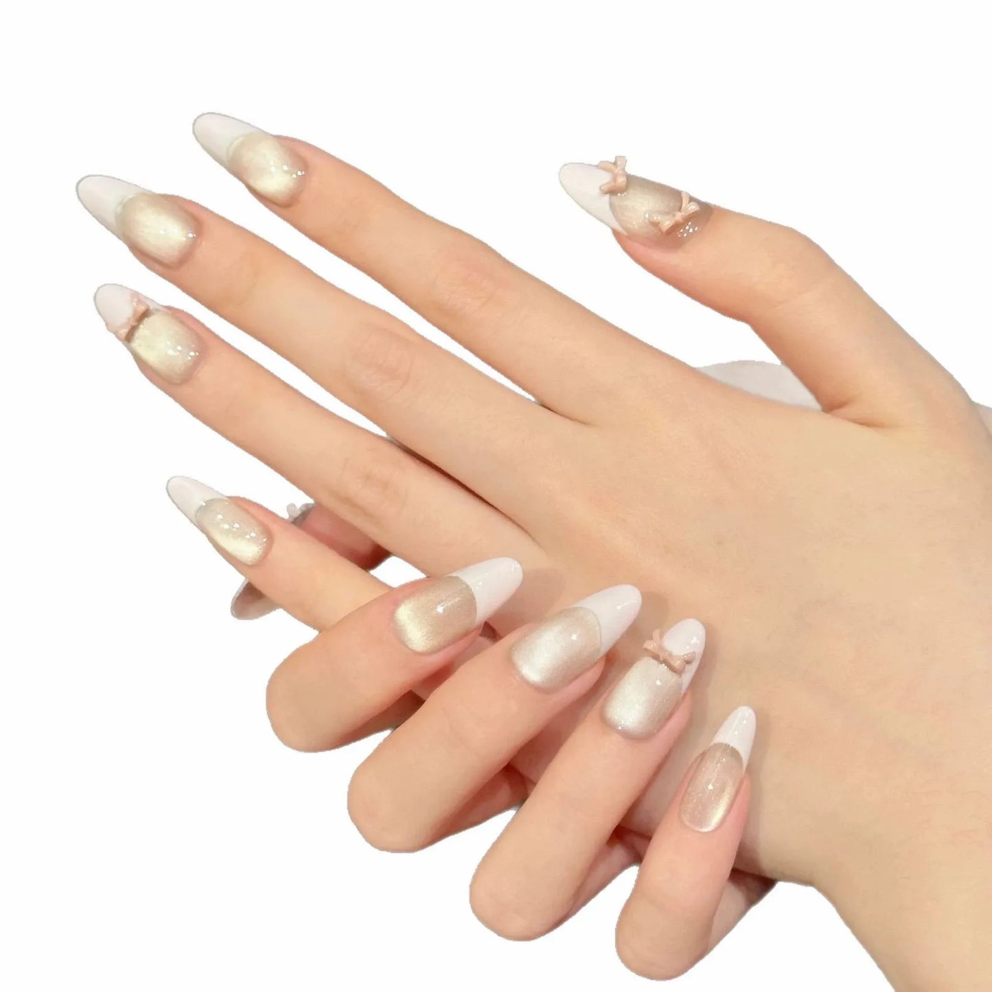 Pink Cat's Eye French Press-On Nails | Bow Almond Ballet 10pcs