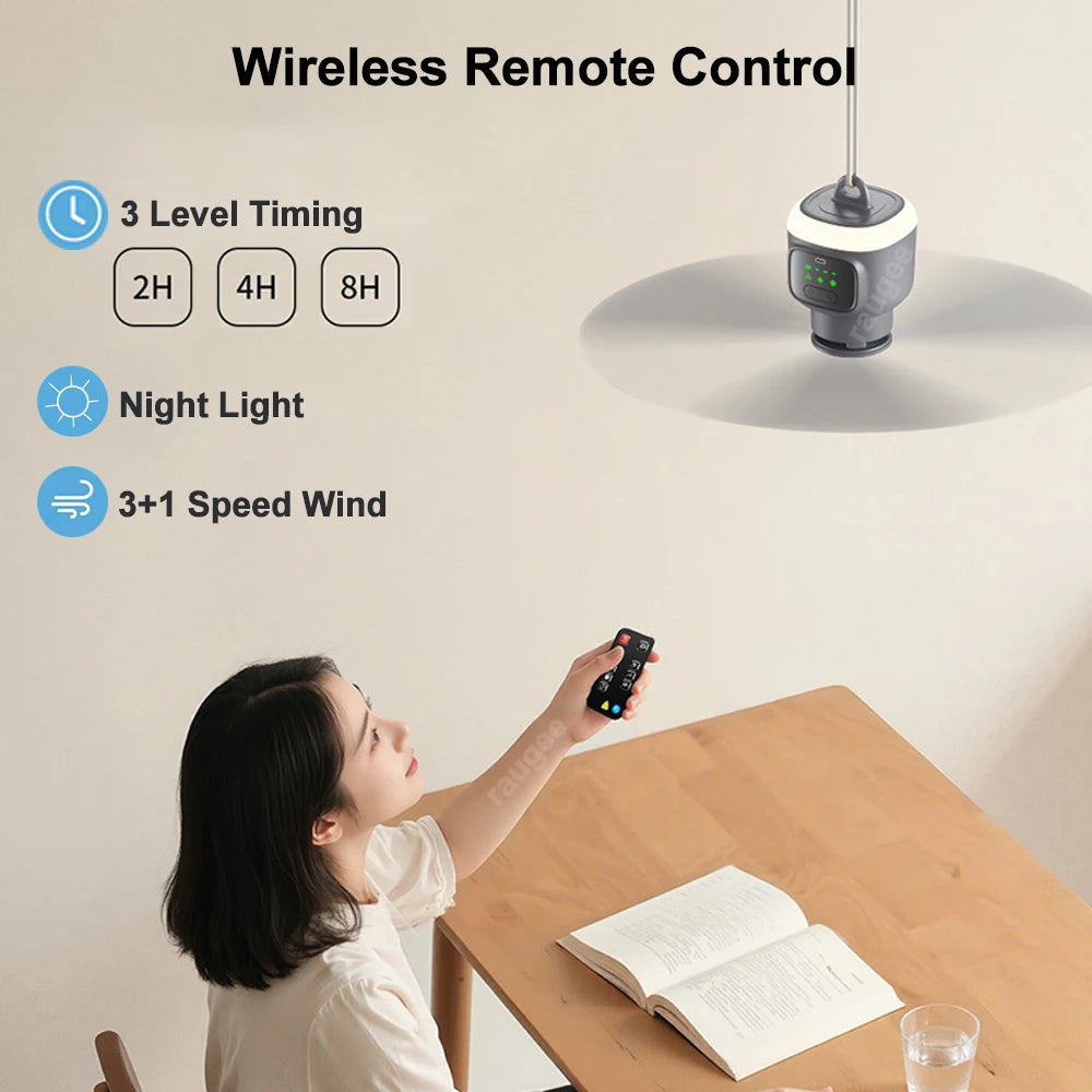 12000mAh Rechargeable Ceiling Fan Outdoor Tent Hook Wireless Ceiling Fan Portable Air Circulation Camping Fan with Light Remote Peaceful Pleasures Health and Wellness