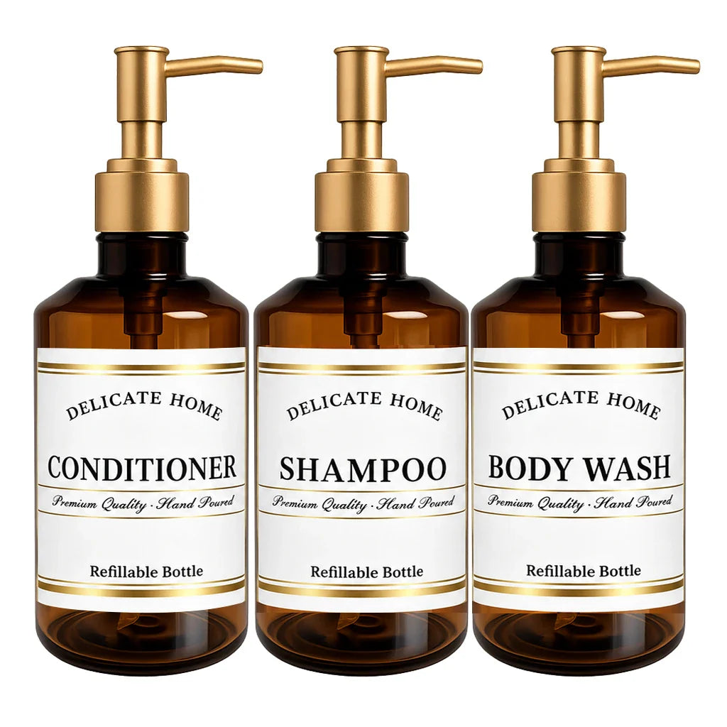 Amber Pump Dispenser Bottles 3-Pack | 500ml Refillable Shower Set