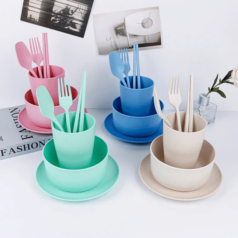 6-Piece Wheat Straw Dinnerware Set – Unbreakable Camping Dishes