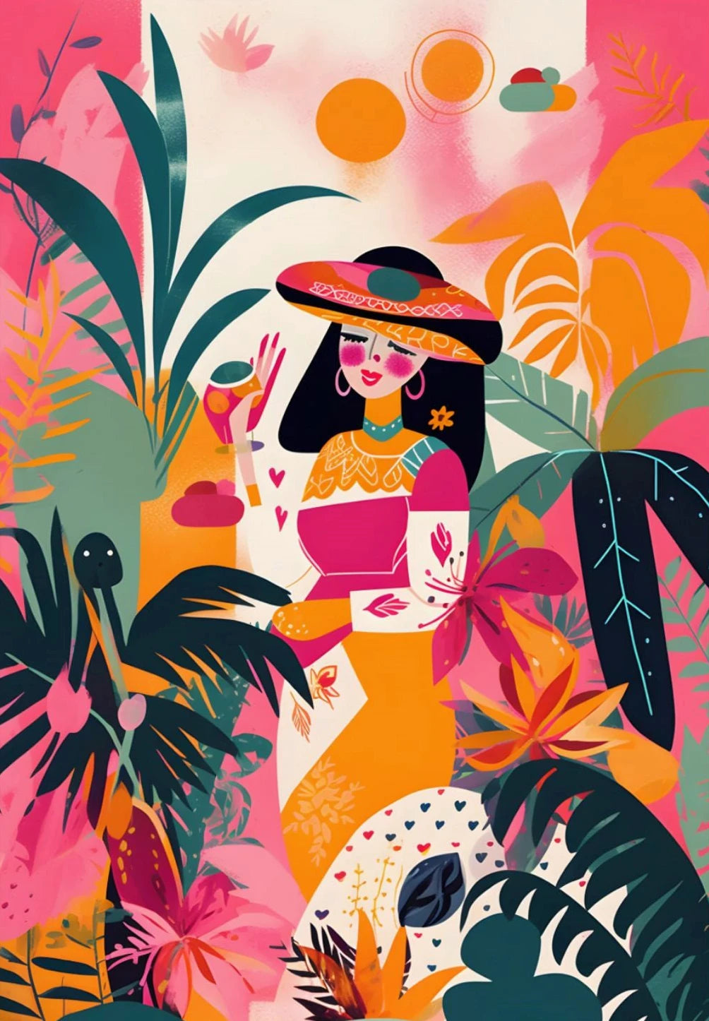 Latina Woman Floral Canvas Wall Art | Ethnic Maximalist Print