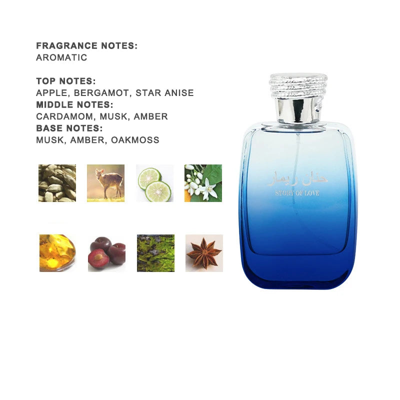 Arabic Brand Fragrant Fruit Lemon Jasmine Woody Charm Cologne Perfume Long-lasting Business Men's Daily Neutral Fragrance Spray Peaceful Pleasures Health and Wellness Men Blue 100ML