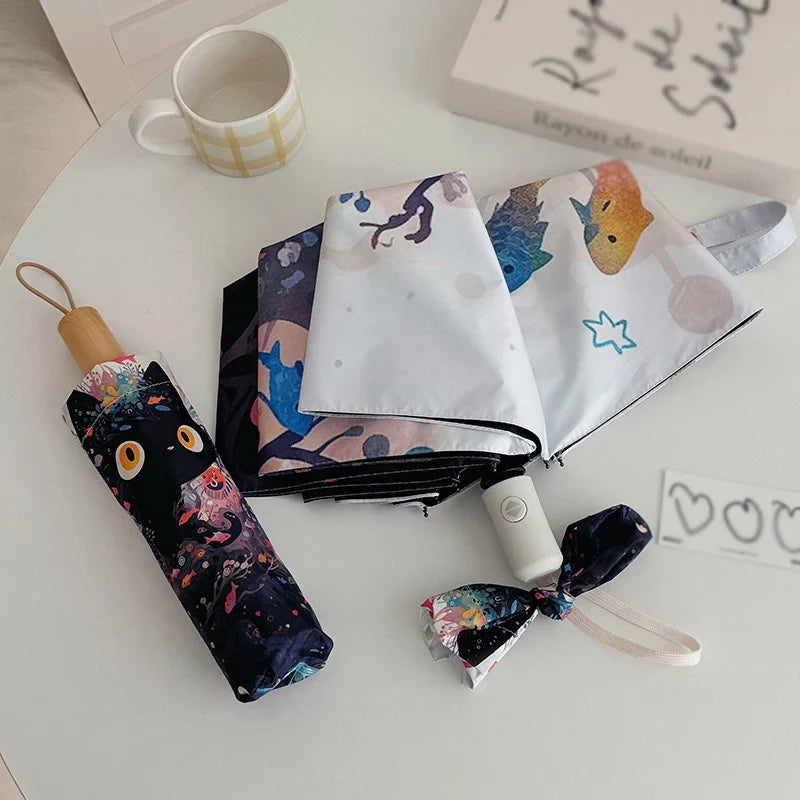 Cute Cat & Fish Folding Umbrella – UV & Rain Protection
