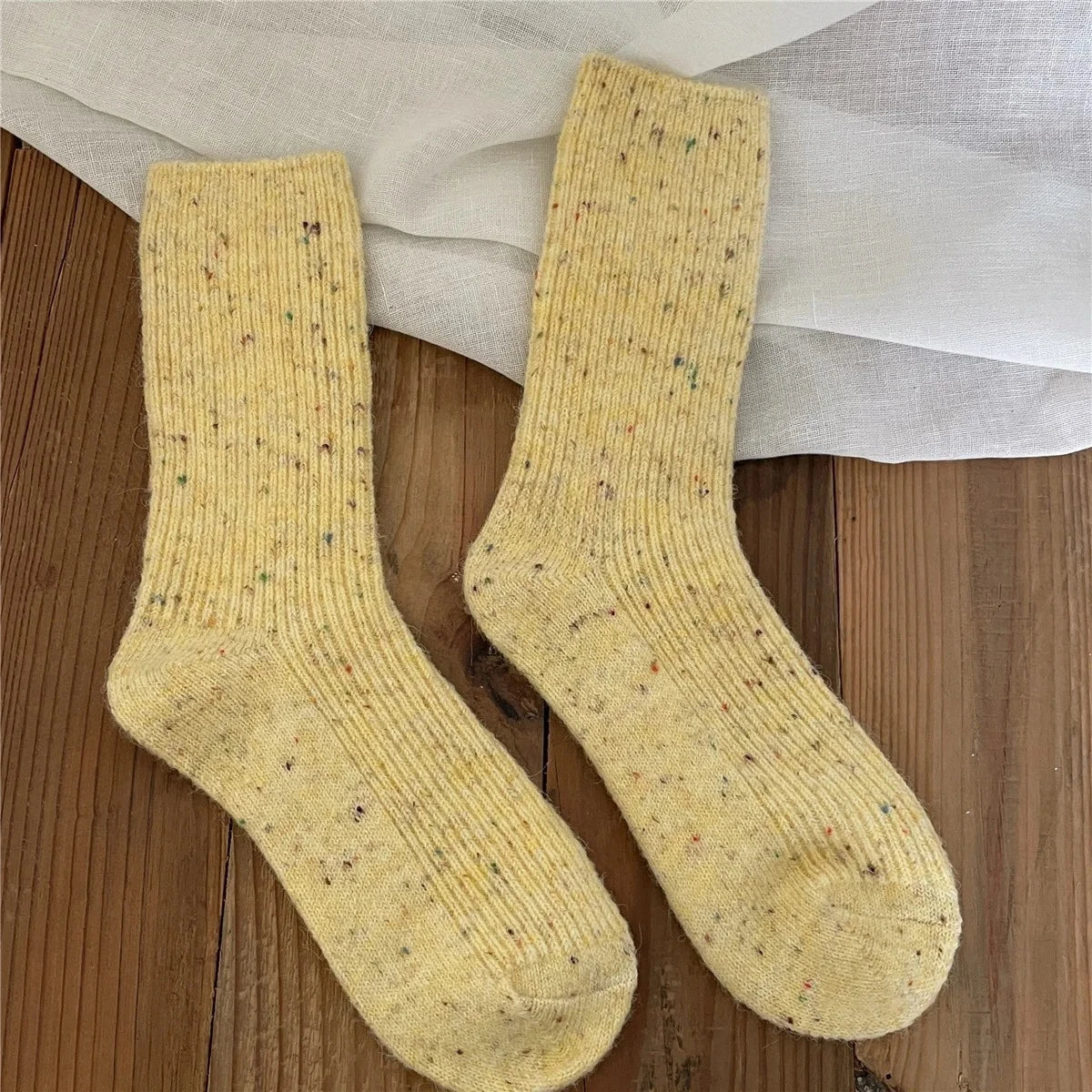 Thick Dotted Wool Socks for Autumn Winter Solid Color Japanese Mid Tube Pile Socks Cashmere Confinement Socks Thick and Sturdy Peaceful Pleasures Health and Wellness Bread Yellow One Size
