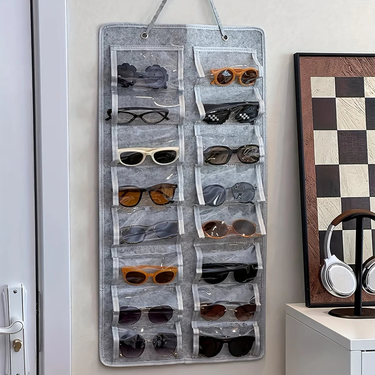 16Slots Felt Eyeglasses Stand Holder Dust Proof Wall-Mounted Pocket Storage for Sunglasses Glasses Display Hanging Bag Organizer Peaceful Pleasures Health and Wellness