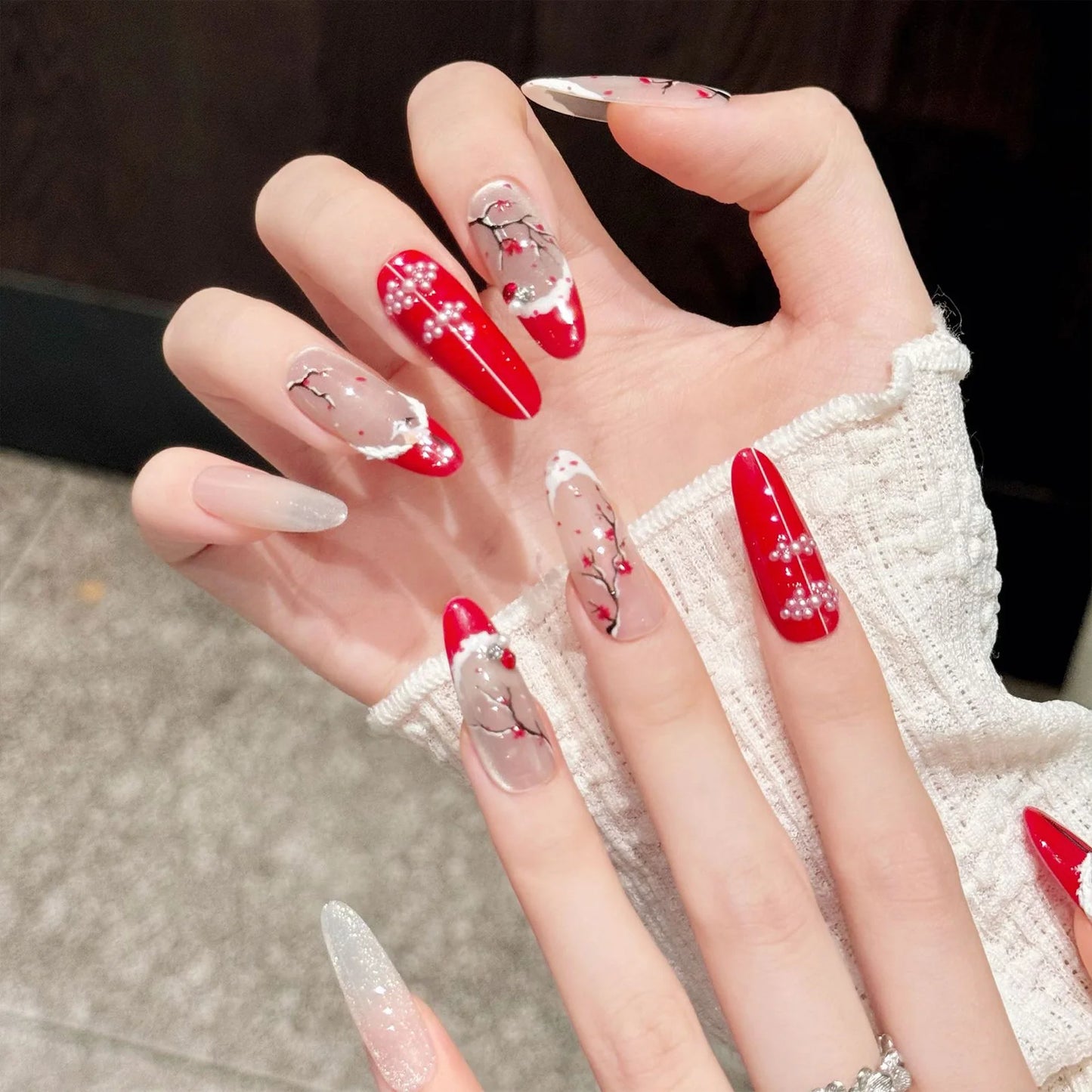 10pcs Handmade Press on Nails Chinese Style Hand-painted Plum Cat's Eye Fake Nails Wearable Antique False Nails Red French Tips Peaceful Pleasures Health and Wellness