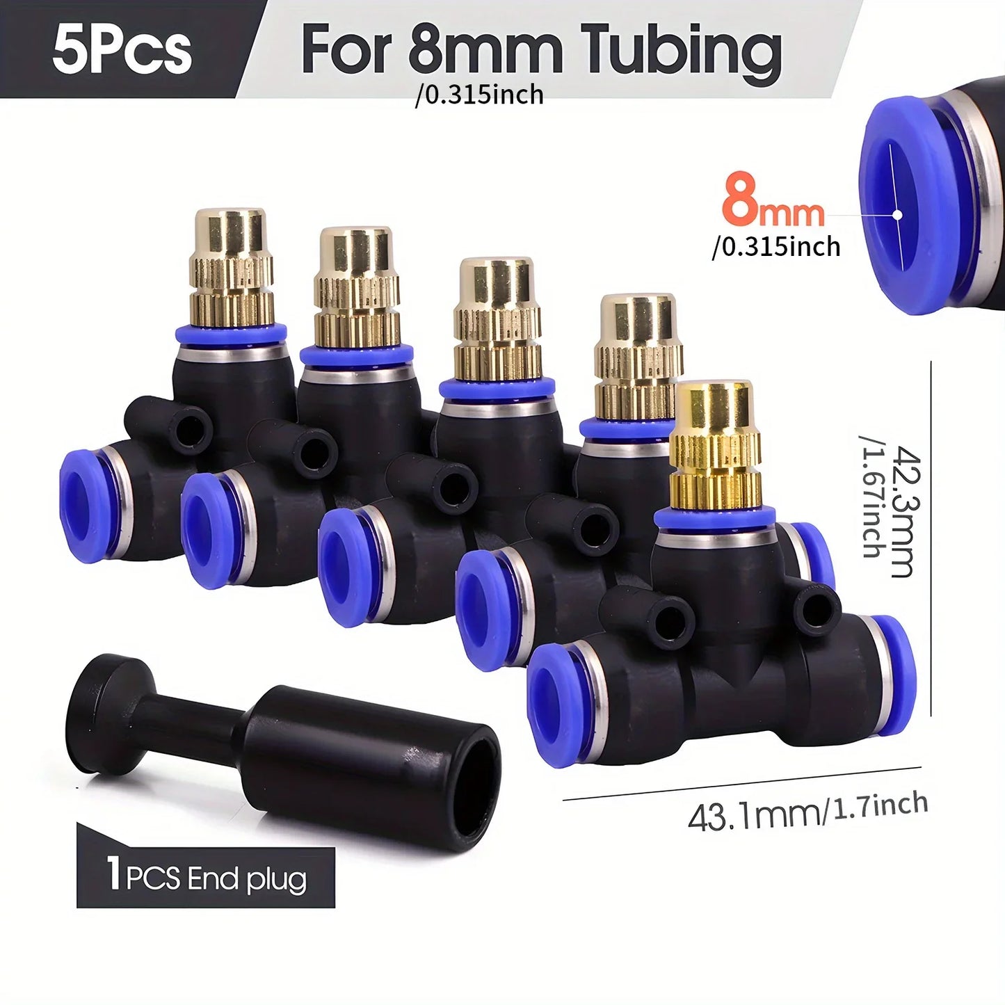 Brass Misting Nozzle with Tee Adapter Adjustable Atomizer Sprayer Outdoor Garden Irrigation Watering 6/8/10/12/14/16mm PE Tubing Peaceful Pleasures Health and Wellness for 8mm Tubing
