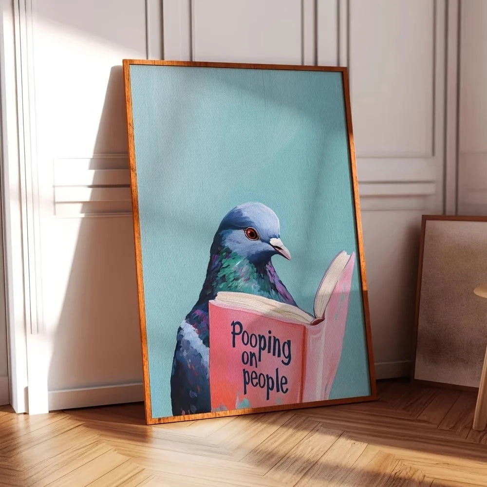 Modern Pigeon Reading Pooping On People Book Wall Art Print Canvas Painting Poster Picture For Living Room,Bedroom Home Decor Peaceful Pleasures Health and Wellness