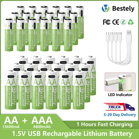 1.5V AA 13600mAh + AAA 6800mAh Rechargeable Lithium Battery Set with USB-C Fast Charging Type C Cable Peaceful Pleasures Health and Wellness