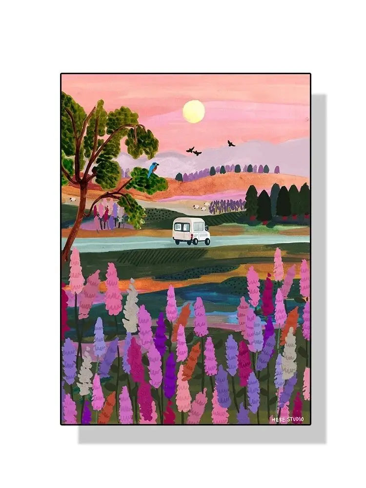 Nordic Flowers Mountain Lake Colorful Nature Landscape Travel Poster Canvas Print - Abstract Wall Art for Room Home Decor Peaceful Pleasures Health and Wellness