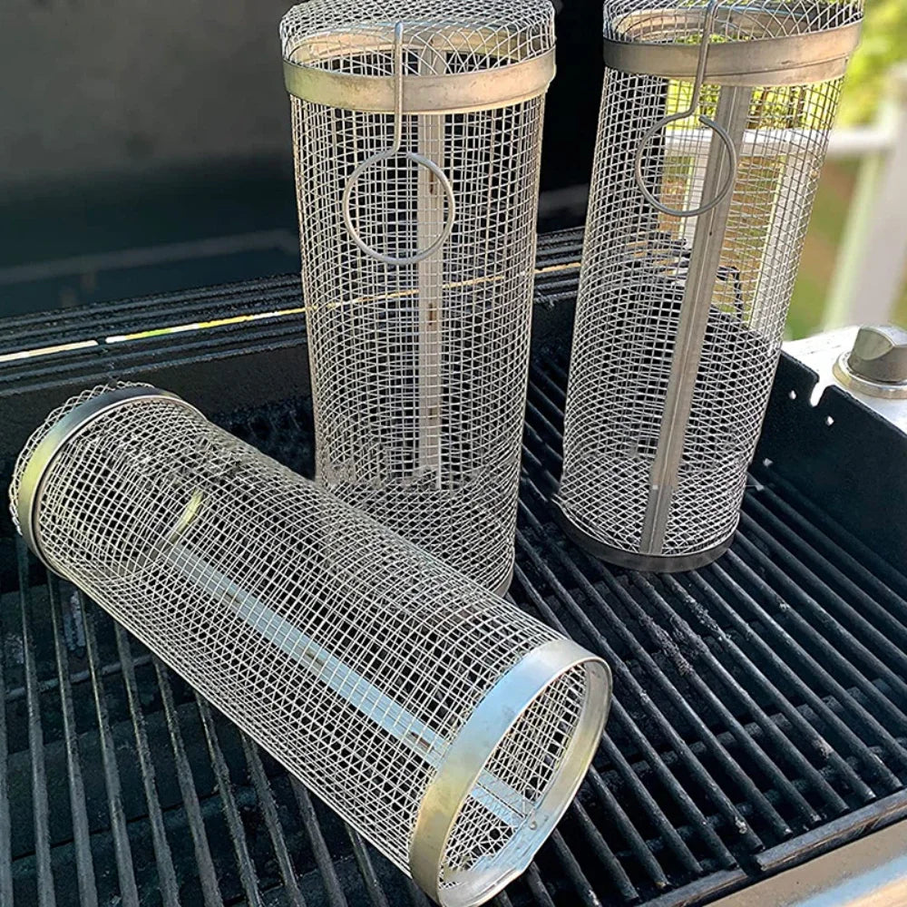 BBQ Basket Stainless Steel Rolling Grilling Basket Cylinder Grill Basket Portable Round Outdoor Camping Barbecue Rack with Lid Peaceful Pleasures Health and Wellness