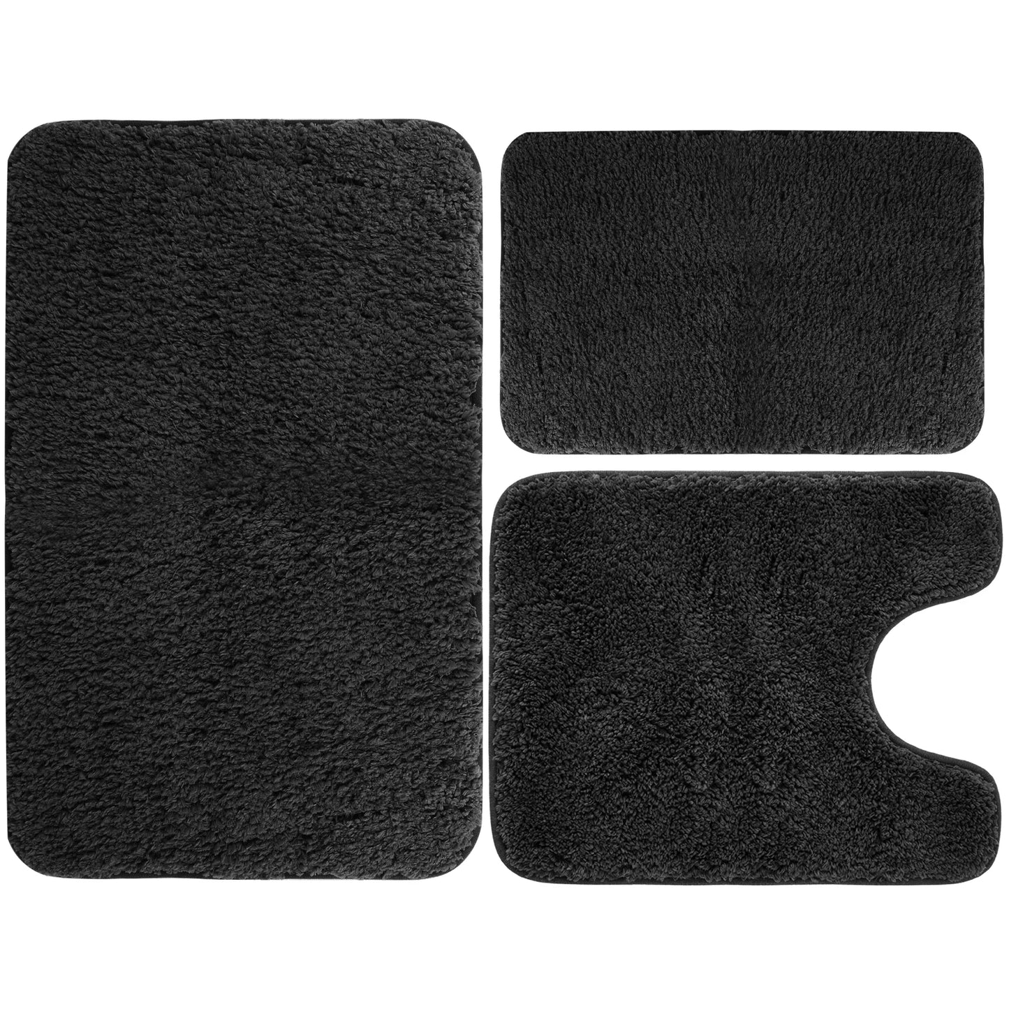Microfibre Bath Mat 3Pcs Super Absorbent Bathroom Rug Set Non Slip Quick Drying Bathroom Carpet Set with U-Shaped Toilet Mat Peaceful Pleasures Health and Wellness Black