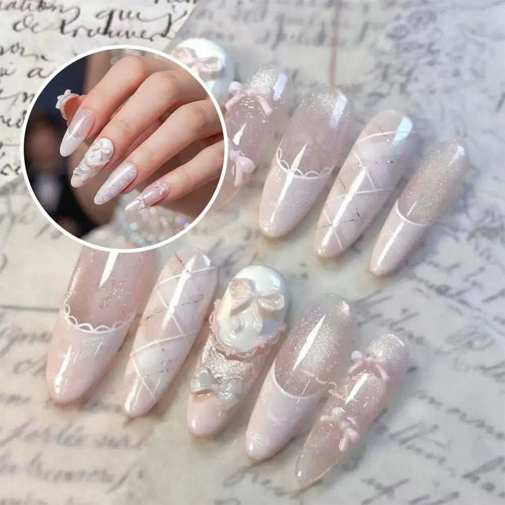 Gentle Sweet Lovely Handmade Long Coffin Ellipse French Full Cover Nail Flower Bowknot Star Cat Eyes Diamond Pearl Press On Nail Peaceful Pleasures Health and Wellness