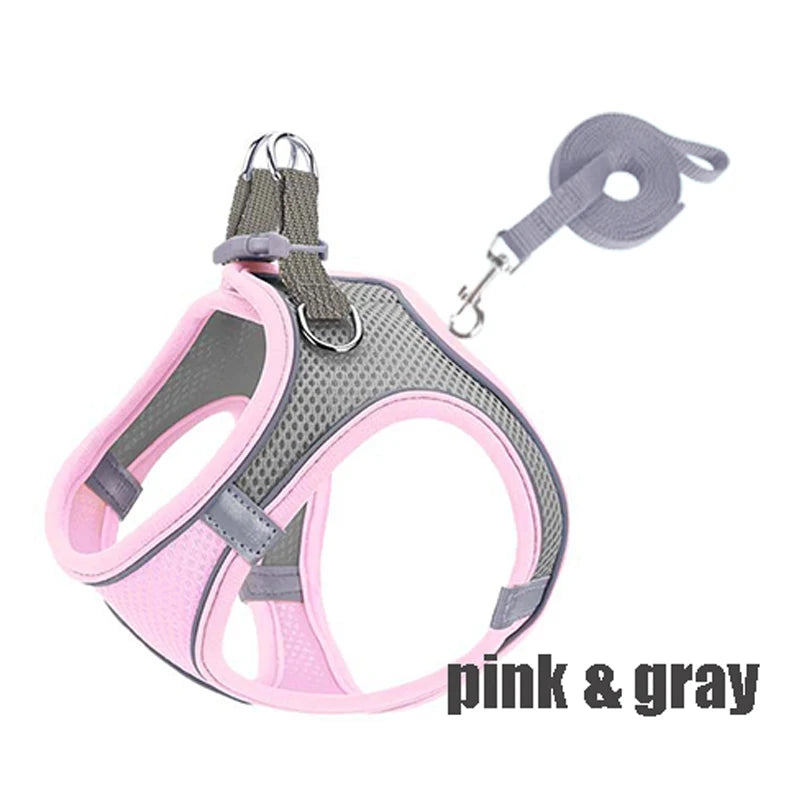 Reflective Dog Harness Vest with Leash | XXXS–L, Adjustable Dog Harness Vest Peaceful Pleasures Health and Wellness pink gray XXS
