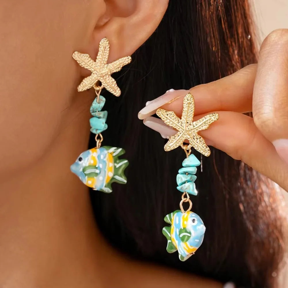 Ocean Glass Beaded Fish & Starfish Drop Earrings | Summer Jewelry