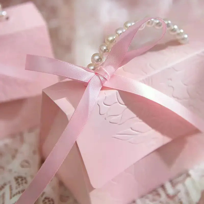 10-Pack Pink Pearl Ribbon Gift Boxes | Wedding Candy Favor