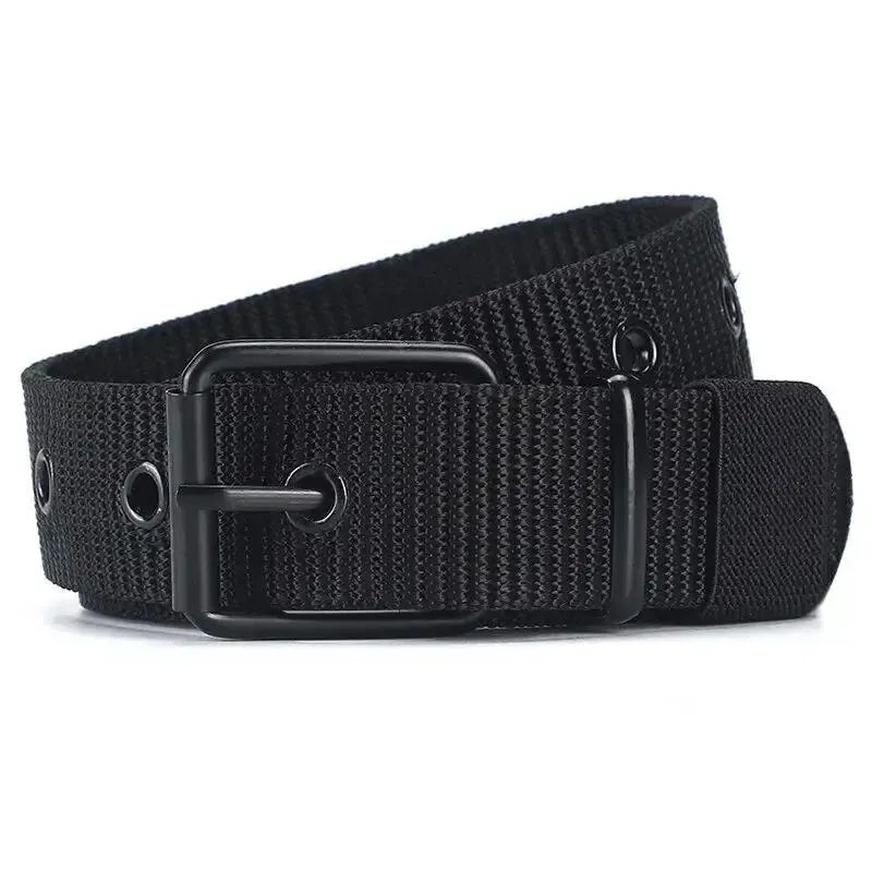 Men's Belt Porous Canvas Pin Buckle Leather Belt Outdoor Sports Belt Women's Trendy Eyelet Belt With Jeans Belt For Men Women Peaceful Pleasures Health and Wellness Black 120cm