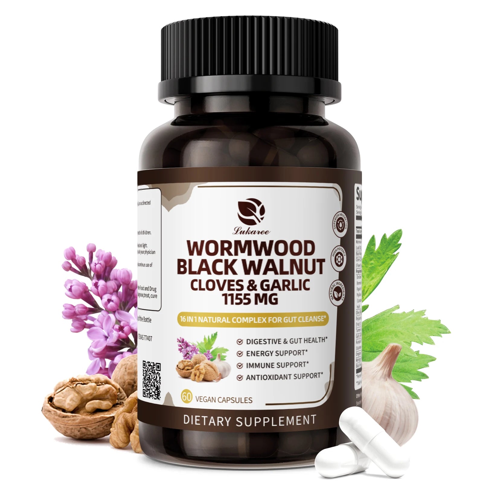 16-in-1 Black Walnut & Wormwood Gut Cleanse Capsules Herbal Supplement Peaceful Pleasures Health and Wellness 60pcs 1bottle United States