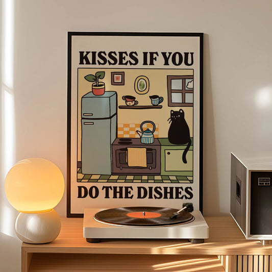 Funny Cat "Kisses If You Do The Dishes" Canvas Wall Art Canvas Wall Art Peaceful Pleasures Health and Wellness